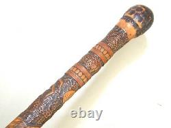 Antique Japanese Carved Bamboo Walking Stick Meiji Period Insects Butterflies