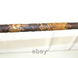 Antique Japanese Carved Bamboo Walking Stick Meiji Period Insects Butterflies