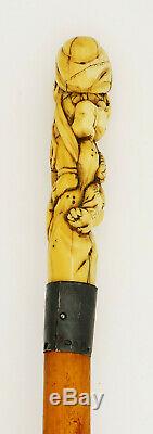 Antique Japanese Carved Okimono Walking Stick with Oni & Crow Meiji Period 19thC