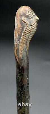 Antique Japanese Meiji Old Scholar Head Carved Bamboo Wood Walking Stick Cane