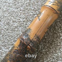 Antique Japanese Meiji Period Hand Carved Bamboo Walking Cane Stick C. 19th Cent