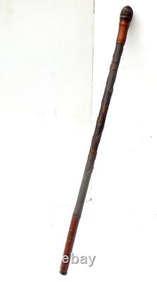 Antique Japanese Meiji Period Hand Carved Bamboo Walking Stick Geese Trees c1890