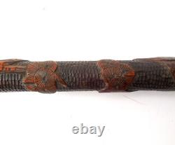 Antique Japanese Meiji Period Hand Carved Bamboo Walking Stick Geese Trees c1890