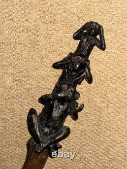 Antique Japanese Walking Stick Cane Intricate Hand Carved Three Wise Monkeys