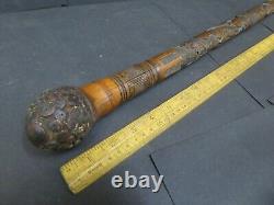 Antique Japanese carved Bamboo cane with root ball carved with Samurai figures