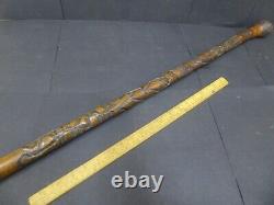 Antique Japanese carved Bamboo cane with root ball carved with Samurai figures