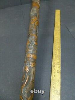 Antique Japanese carved Bamboo cane with root ball carved with Samurai figures