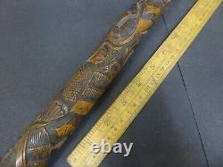 Antique Japanese carved Bamboo cane with root ball carved with Samurai figures