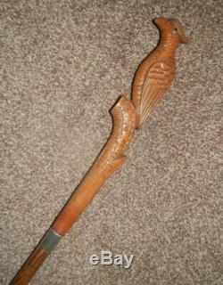 Antique'KENDALL' Walking Stick With Hand Carved Parrot Top & Silver Collar 1928