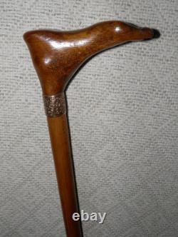 Antique Kettering Walking Stick Gold Collar Hand-Carved Intricate Foot Handle