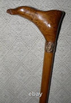 Antique Kettering Walking Stick Gold Collar Hand-Carved Intricate Foot Handle