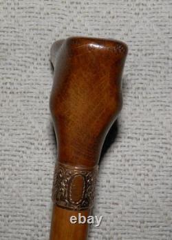 Antique Kettering Walking Stick Gold Collar Hand-Carved Intricate Foot Handle