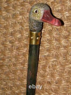Antique Ladies Walking Stick/Cane With Hand-Carved & Painted Duck Top
