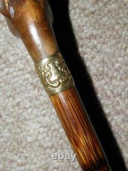 Antique Ladies Walking Stick Carved Terrier Head With Glass Eyes & Gold Collar