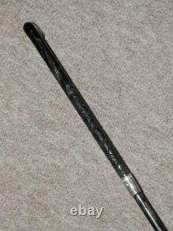 Antique Ladies Walking Stick-Hand-Carved Floral Cane & Silver Collar-88.5cm long