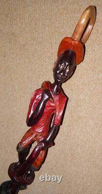 Antique Large African Walking Stick Tribal Hand-Carved & Painted Man & Snake