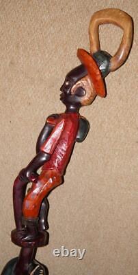 Antique Large African Walking Stick Tribal Hand-Carved & Painted Man & Snake