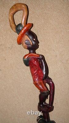 Antique Large African Walking Stick Tribal Hand-Carved & Painted Man & Snake