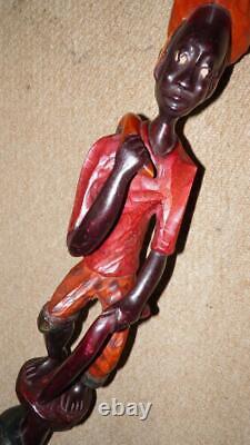 Antique Large African Walking Stick Tribal Hand-Carved & Painted Man & Snake