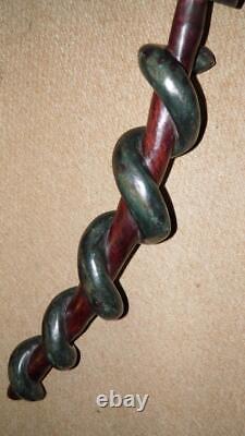 Antique Large African Walking Stick Tribal Hand-Carved & Painted Man & Snake