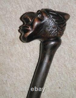 Antique Large Black Thorn Rustic Hand-Carved Caricature Face Walking Stick/Cane