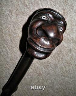 Antique Large Black Thorn Rustic Hand-Carved Caricature Face Walking Stick/Cane