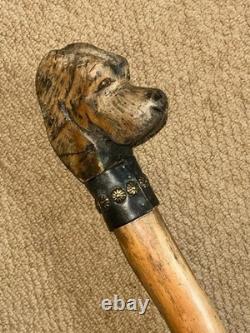 Antique Large Rustic Walking Stick Hand Carved Dog Leather & Conchos Collar