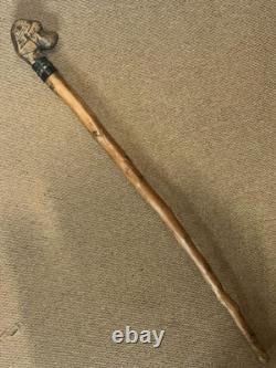 Antique Large Rustic Walking Stick Hand Carved Dog Leather & Conchos Collar