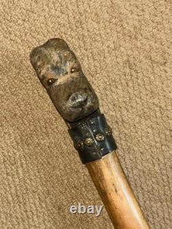Antique Large Rustic Walking Stick Hand Carved Dog Leather & Conchos Collar