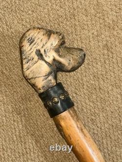 Antique Large Rustic Walking Stick Hand Carved Dog Leather & Conchos Collar