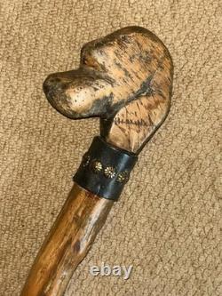 Antique Large Rustic Walking Stick Hand Carved Dog Leather & Conchos Collar