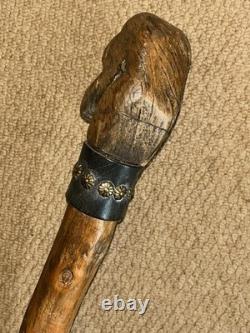Antique Large Rustic Walking Stick Hand Carved Dog Leather & Conchos Collar