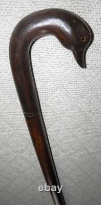 Antique Large Treen Walking Stick Cane Hand Carved Duck Head Crook & Glass Eyes