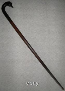 Antique Large Treen Walking Stick Cane Hand Carved Duck Head Crook & Glass Eyes