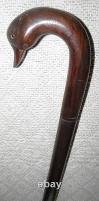 Antique Large Treen Walking Stick Cane Hand Carved Duck Head Crook & Glass Eyes