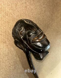 Antique Large Walking Stick / Cane Grotesque Hand-Carved African Man's Head