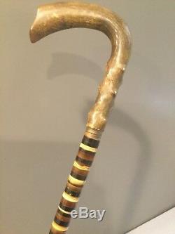 Antique Layered Horn Disks Carved Handle Walking Stick Cane 35