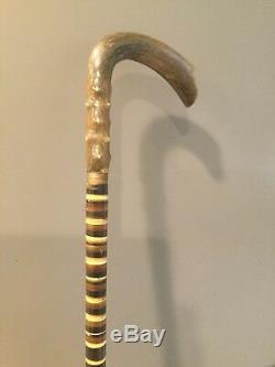 Antique Layered Horn Disks Carved Handle Walking Stick Cane 35