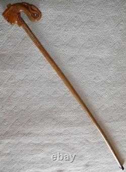Antique Macedonian Walking Stick / Cane Hand-Carved Handle Man's Head & Snakes