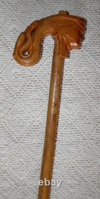 Antique Macedonian Walking Stick / Cane Hand-Carved Handle Man's Head & Snakes