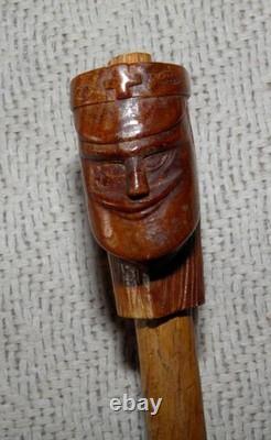 Antique Macedonian Walking Stick / Cane Hand-Carved Handle Man's Head & Snakes