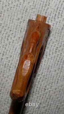Antique Macedonian Walking Stick / Cane Hand-Carved Handle Man's Head & Snakes
