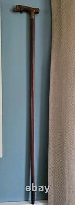 Antique Made In England Carved Dog Head Cane Walking Stick Wood 36.5