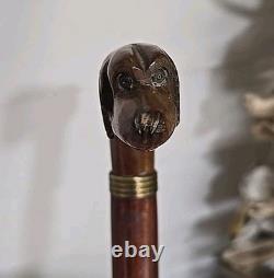 Antique Made In England Carved Dog Head Cane Walking Stick Wood 36.5