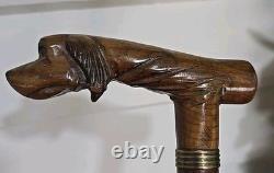 Antique Made In England Carved Dog Head Cane Walking Stick Wood 36.5