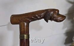 Antique Made In England Carved Dog Head Cane Walking Stick Wood 36.5