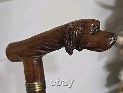Antique Made In England Carved Dog Head Cane Walking Stick Wood 36.5