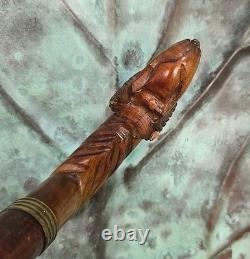 Antique Made In England Carved Dog Head Cane Walking Stick Wood 36.5