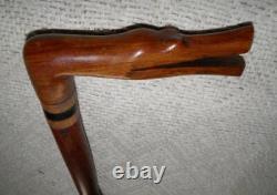 Antique Mahogany Walking Stick / Cane Carved Crocodile Glass Eyes Fritz Handle