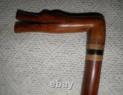 Antique Mahogany Walking Stick / Cane Carved Crocodile Glass Eyes Fritz Handle